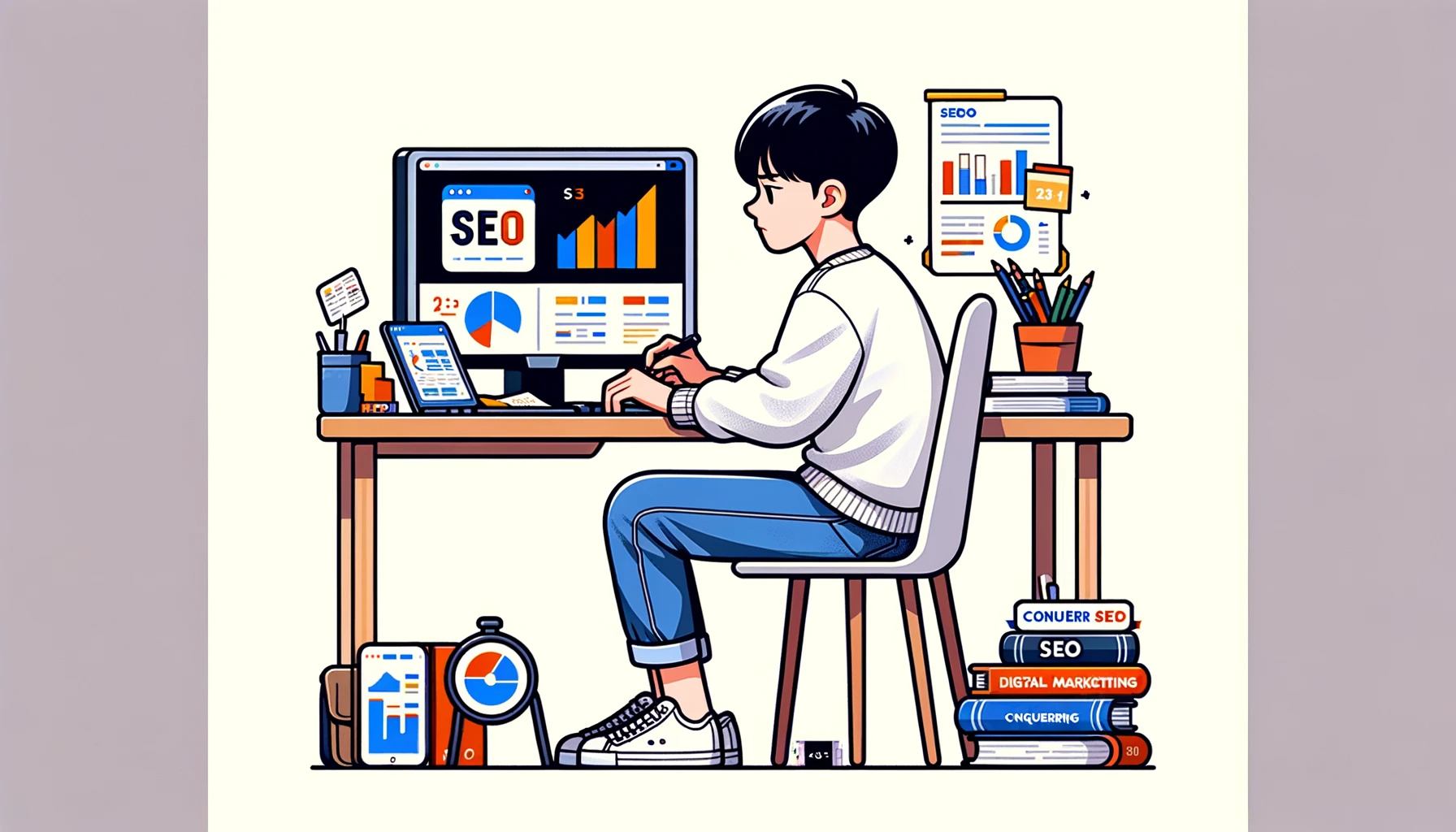 SEO를 정복하겠다고 열심히 공부하는 학생의 모습
